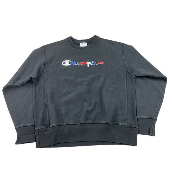 Champion Sweatshirt Men Large Reverse Weave Crewneck Logo Embroidery Black - Picture 1 of 9
